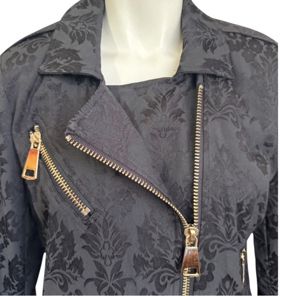 MIDNIGHT VELVET Black Jacquard Moto Jacket | Gothic Luxe Biker Chic - Medium - Picture 6 of 17
